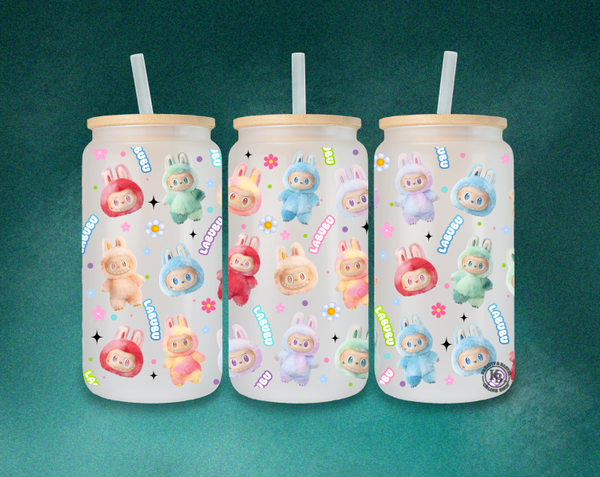 ✨ LABUBU Frosted Becherglas mit Bambusdeckel & Strohhalm – Motiv „Bunny Friends“