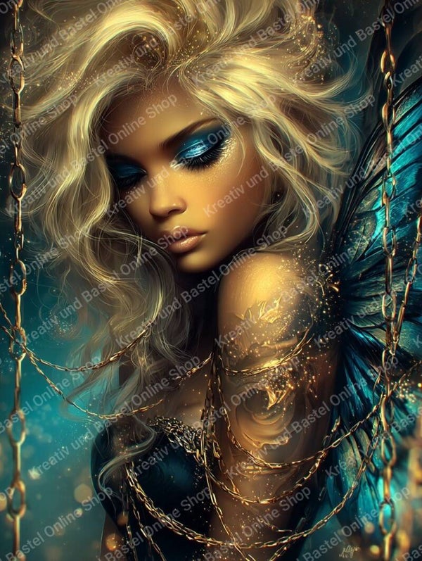 🌙 Diamond Painting „Goldfessel – Geflügelte Stärke im inneren Licht“ by illumaris_ki_art
