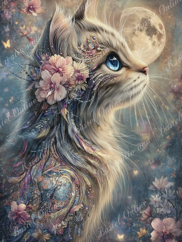 💎 Diamond Painting „Mondkatze der Blütenträume“ by Elly_A.I.