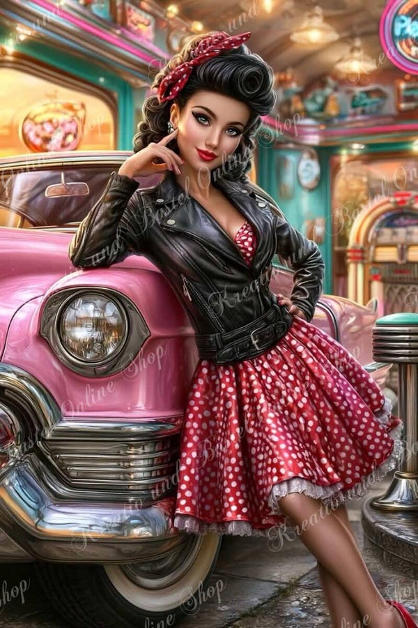 💎 Diamond Painting  „Rockabilly Queen – Pink Cadillac“ – ein Kunstwerk von Maggie