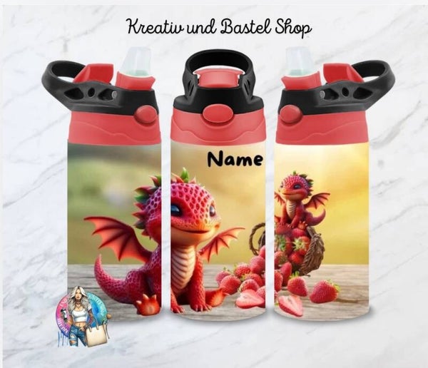 Kinder-Thermobecher "Erdbeer Drache mit Erdbeeren und Wunschname"