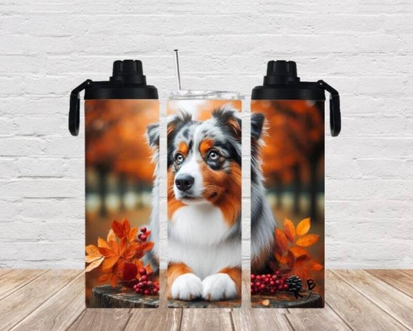 Thermobecher mit 2 Schraubverschlüssen "niedlicher Australien Shepherd  in Herbstlandschaft 1"