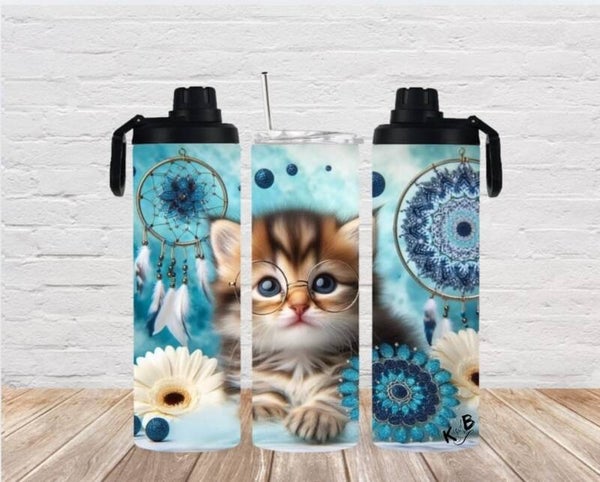 Thermobecher mit 2 Schraubverschlüssen "Katze mit Blumen und Mandalas 1"