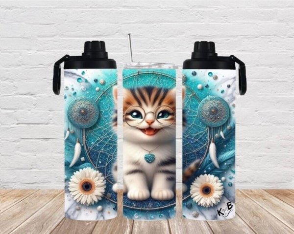 Thermobecher mit 2 Schraubverschlüssen "Katze mit Blumen und Mandalas 2"
