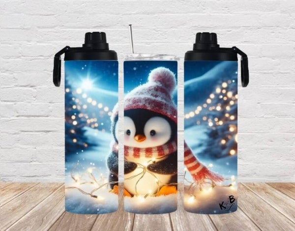 Thermobecher mit 2 Schraubverschlüssen "Pinguin in Winterlandschaft 1"