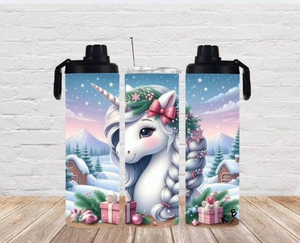 Thermobecher mit 2 Schraubverschlüssen "Einhorn in Winterlandschaft 1"