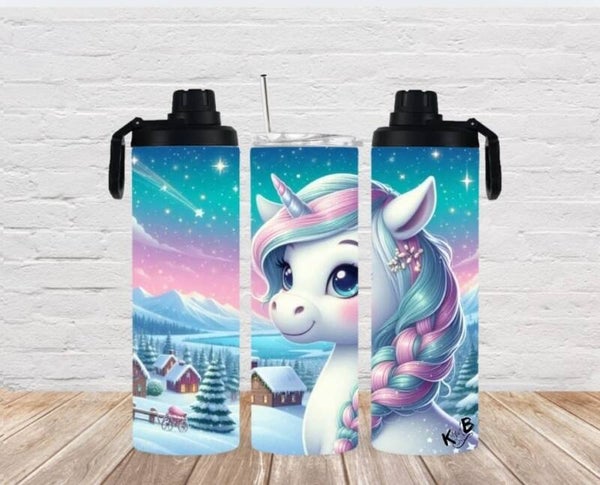 Thermobecher mit 2 Schraubverschlüssen "Einhorn in Winterlandschaft 2"