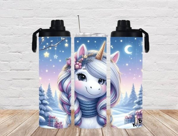 Thermobecher mit 2 Schraubverschlüssen "Einhorn in Winterlandschaft 3"