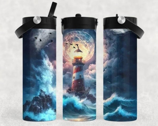 Thermobecher mit Schraubverschluss und Tragegriff "Leuchtturm"