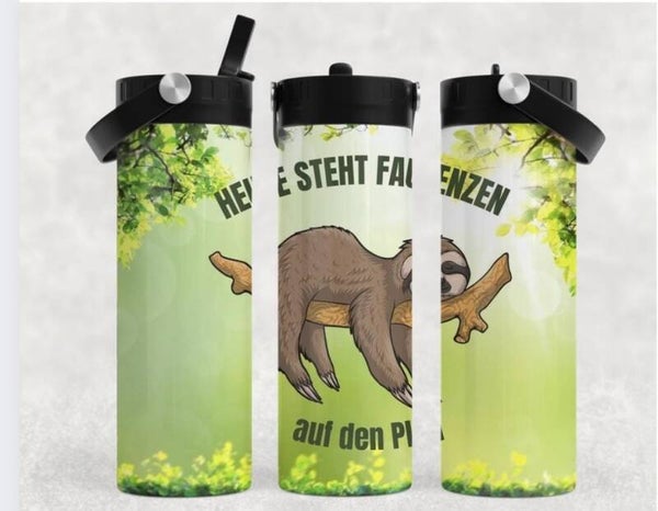 Thermobecher mit Schraubverschluss und Tragegriff "Faultier - Heute steht Faulenzen auf den Plan" "