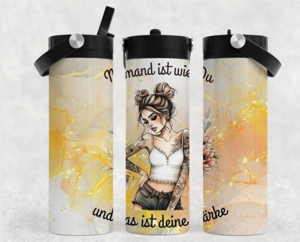 Thermobecher mit Schraubverschluss und Tragegriff "Niemand ist wie du und das ist deine Stärke""