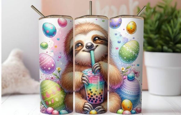 Thermobecher mit Steckdeckel "Faultier mit Ostereiern"