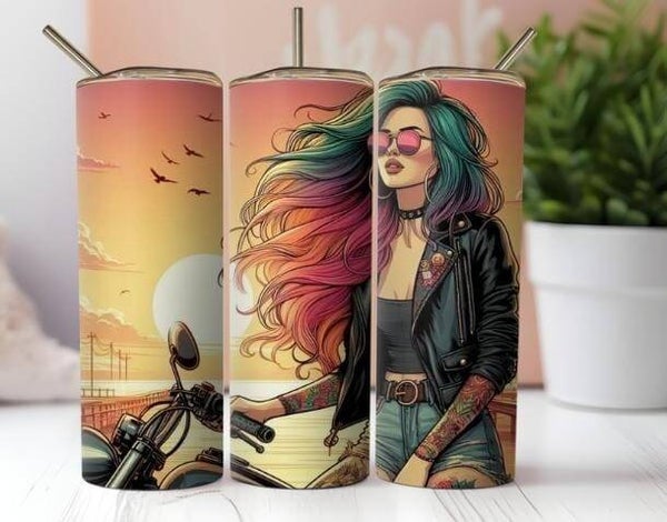 Thermobecher mit Steckdeckel "Girl auf Motorrad Im Sonnenuntergang"