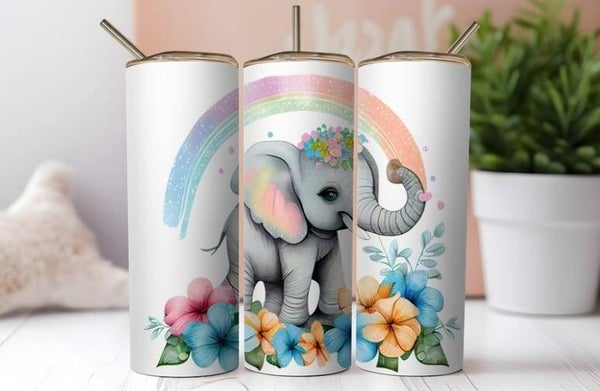 Thermobecher mit Steckdeckel "Elefant mit Regenbogen"