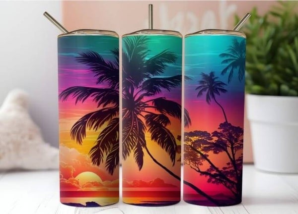 Thermobecher mit Steckdeckel "Sonnenuntergang mit Palmen"