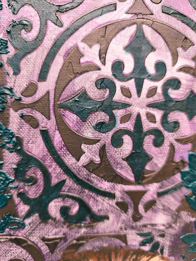 Part of a painting called Resilience by Annalisa Mongio. featuring the violet and green background