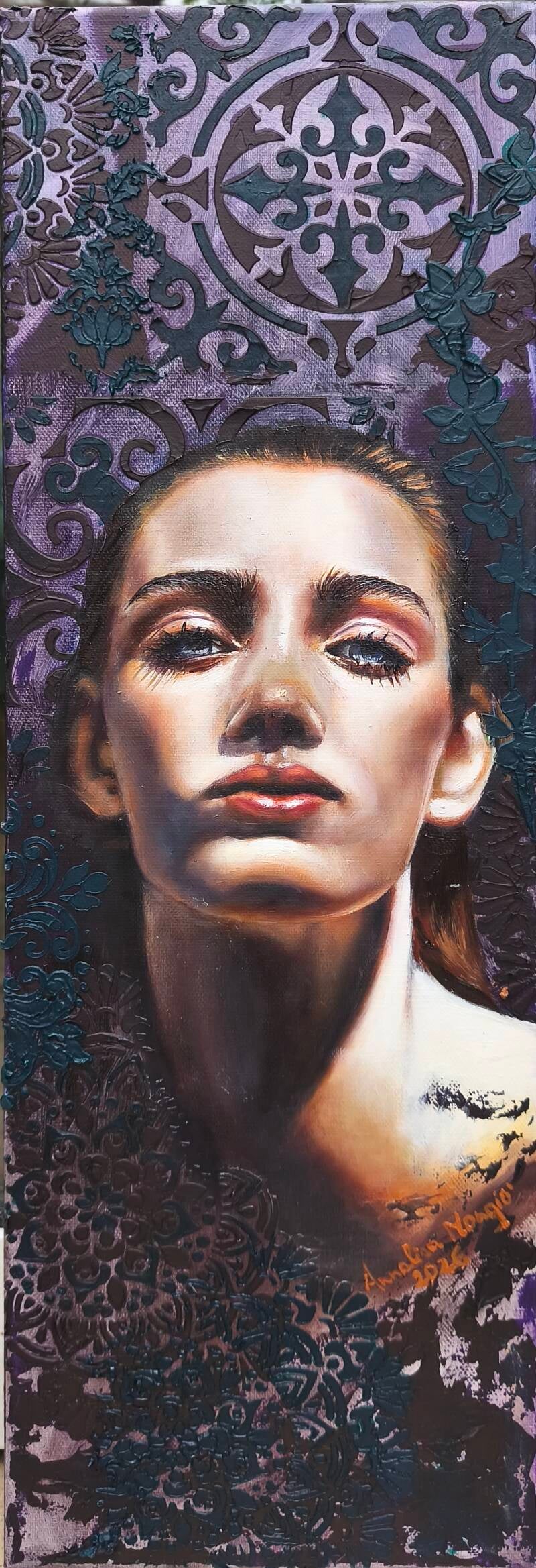 Painting called Resilience. By Annalisa Mongio. featuring the straingh of a woman looking head with dark dramatic background 