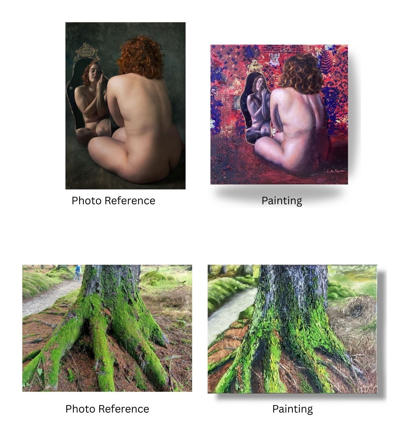 Photo reference of a tree beside the painting "living moss" made by Annalisa Mongio