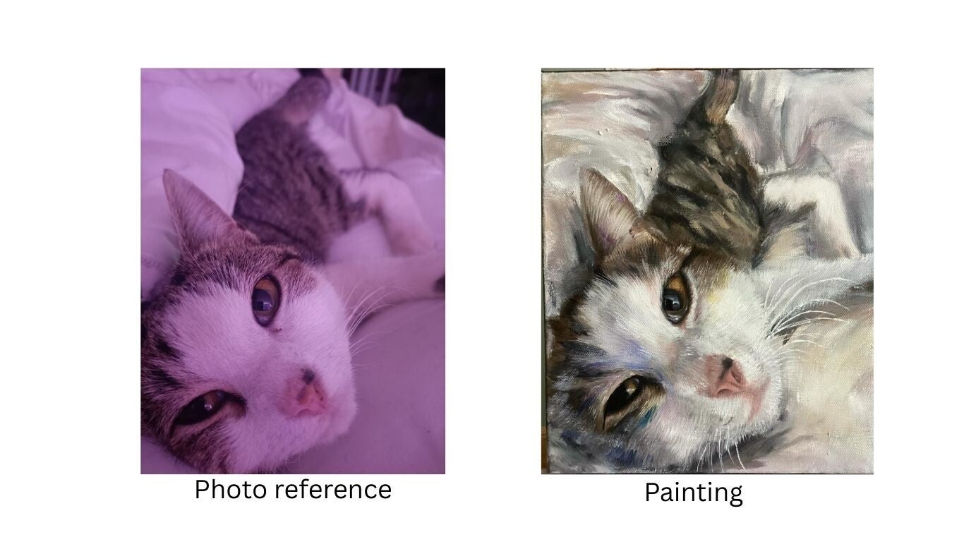 Photo reference of a cat beside a painting of a cat made by Annalisa Mongio