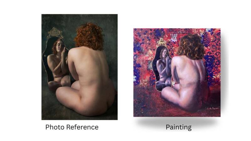 Photo reference beside the painting made by Annalisamongio Mongiò of a woman looking at herself in the mirror 