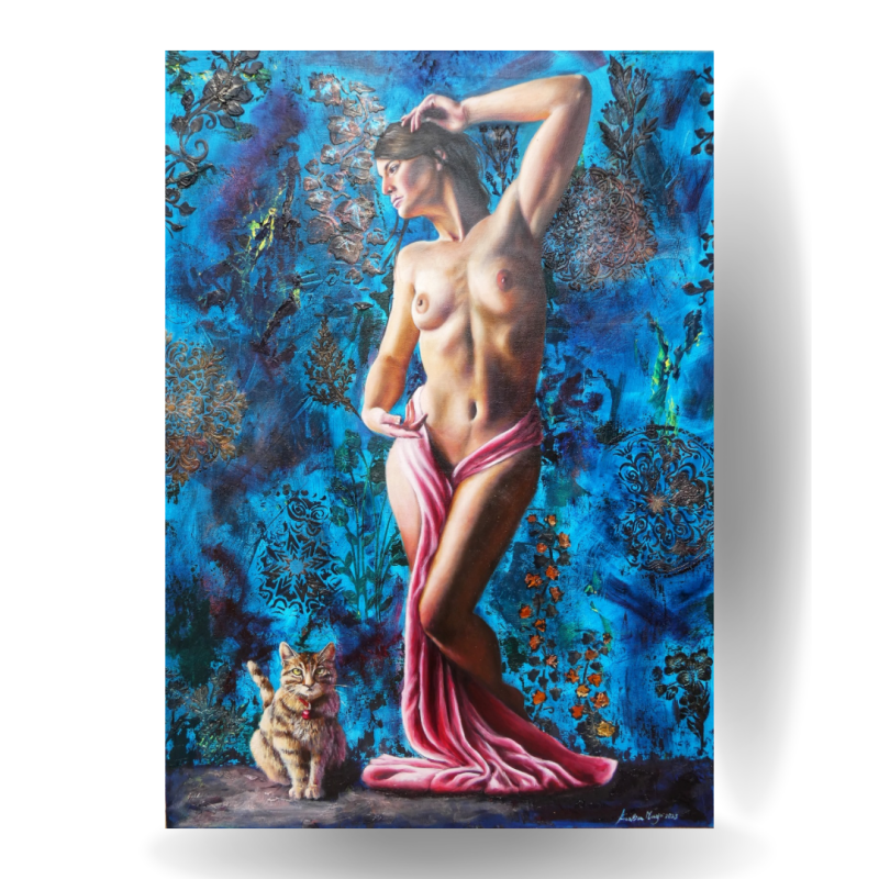 Diana: Mixed media portrait of a woman and cat on canvas by Annalisa Mongio.