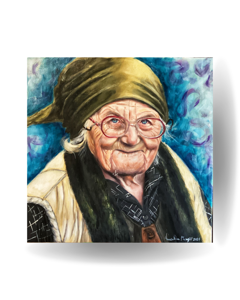 Painting called: Wisdom. Featuring an old woman with the expression of a wisdom in her eyes