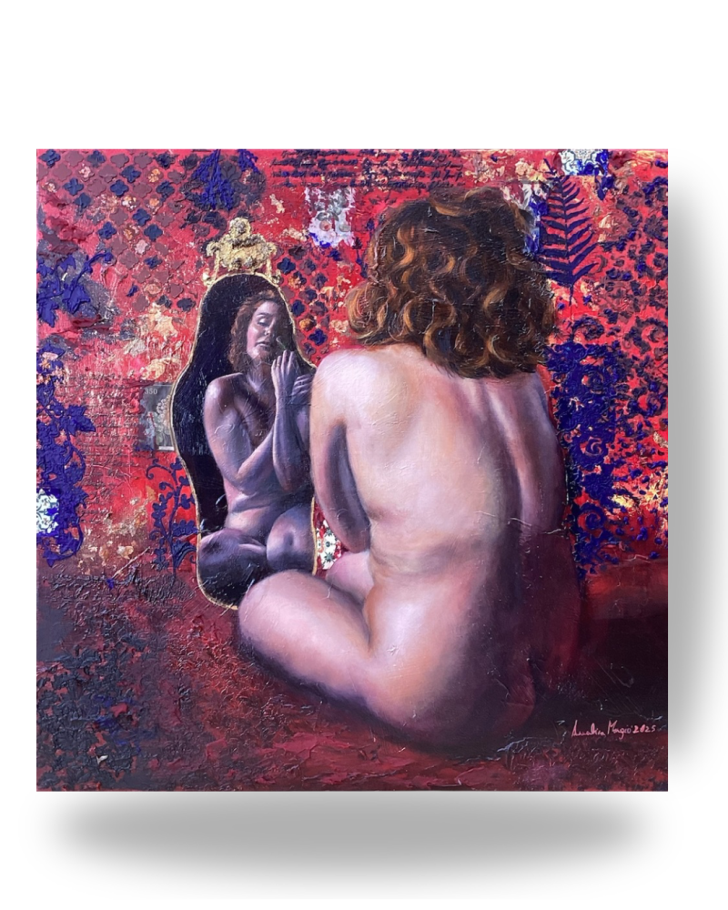 Painting by Annalisa mongio. Reflection of self. A woman stands in front of a mirror
