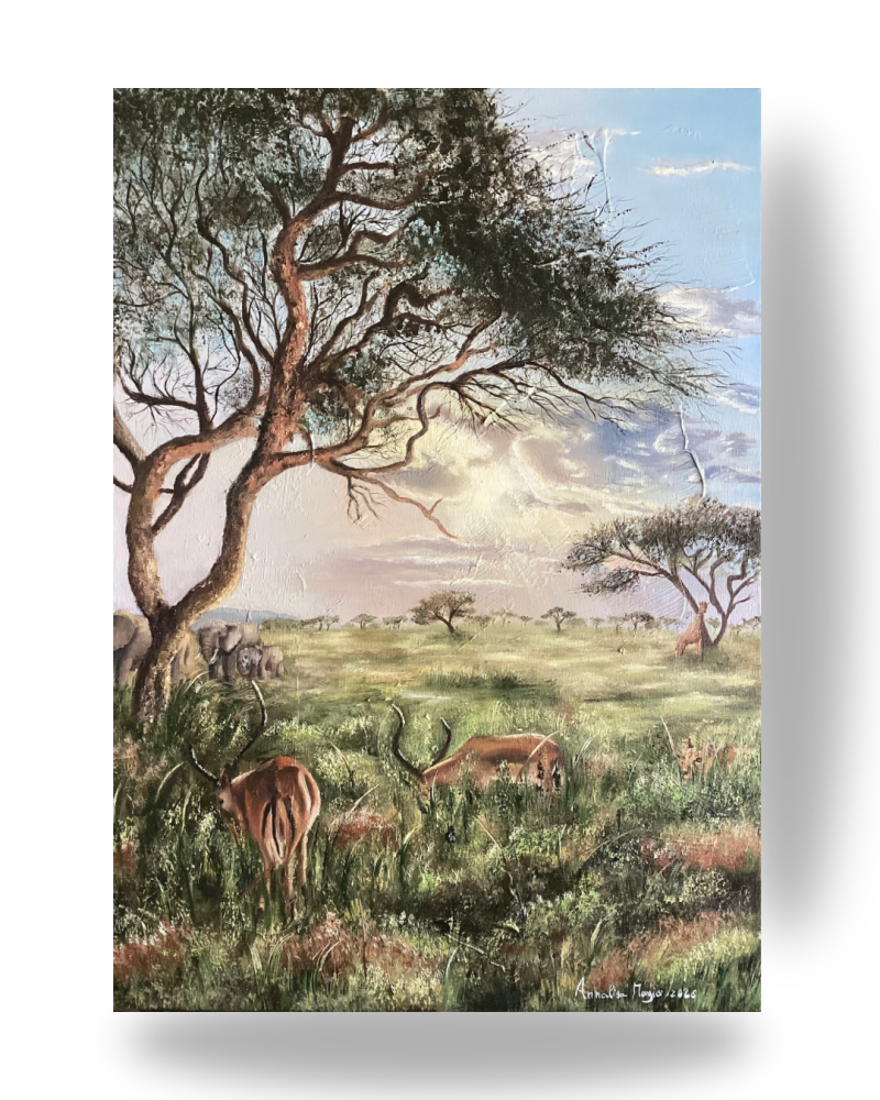 Painting by Annalisa Mongio. Wait for it. Savana landscape with a lion, Lepanto and gazelle