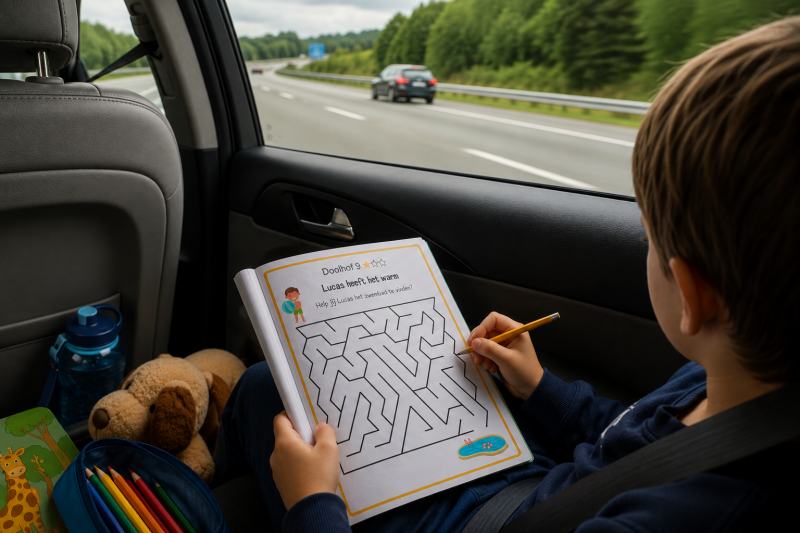 kind maakt doolhof tijdens lange autorit op vakantie