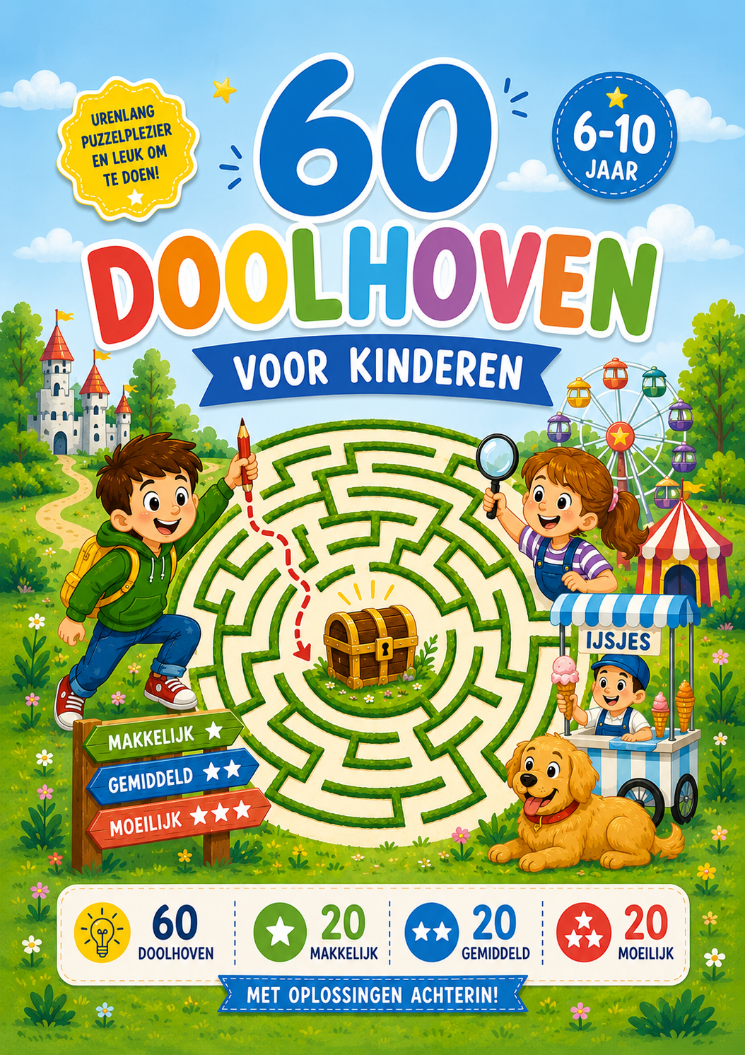 Doolhofboek voor kinderen 6–10 jaar – 60 doolhoven – makkelijk tot moeilijk – PDF download