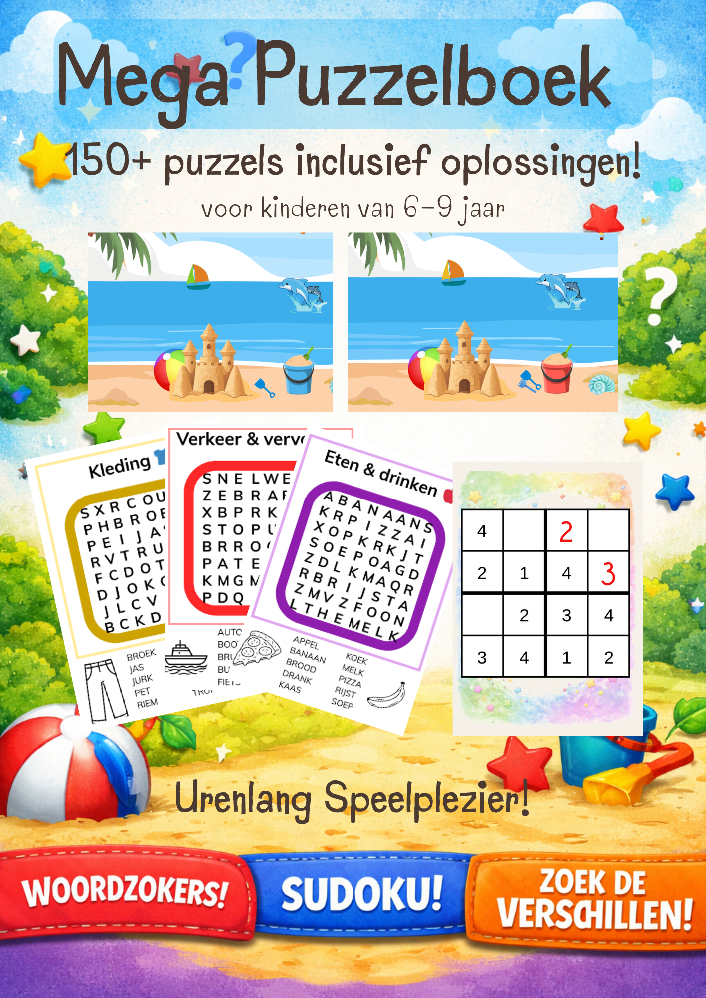 Mega Puzzelbundel voor Kids (6–9 jaar) – 150+ Puzzels | Woordzoekers, Sudoku & Zoek de Verschillen (PDF Download)