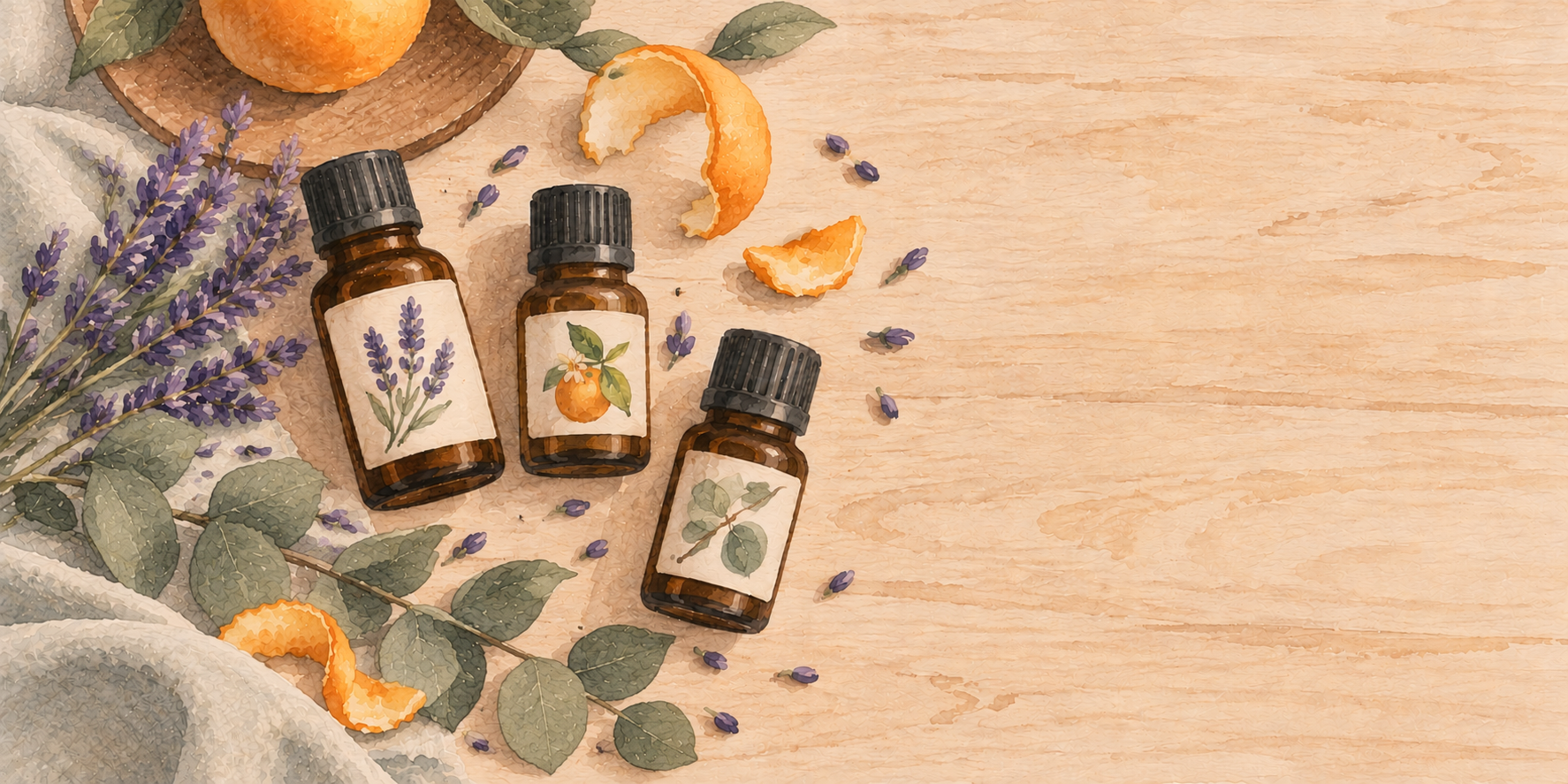 Ätherische Öle in Braunglasfläschchen mit Lavendel, Orange und Eukalyptus