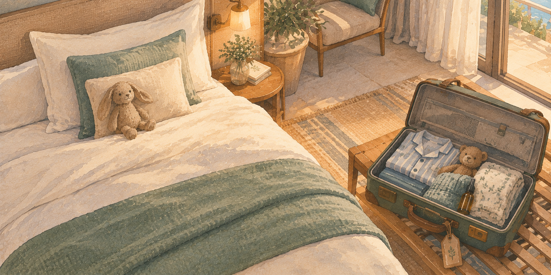 Koffer mit Kuscheltier, Schlafanzug und Kissenspray für den Urlaub mit Kind