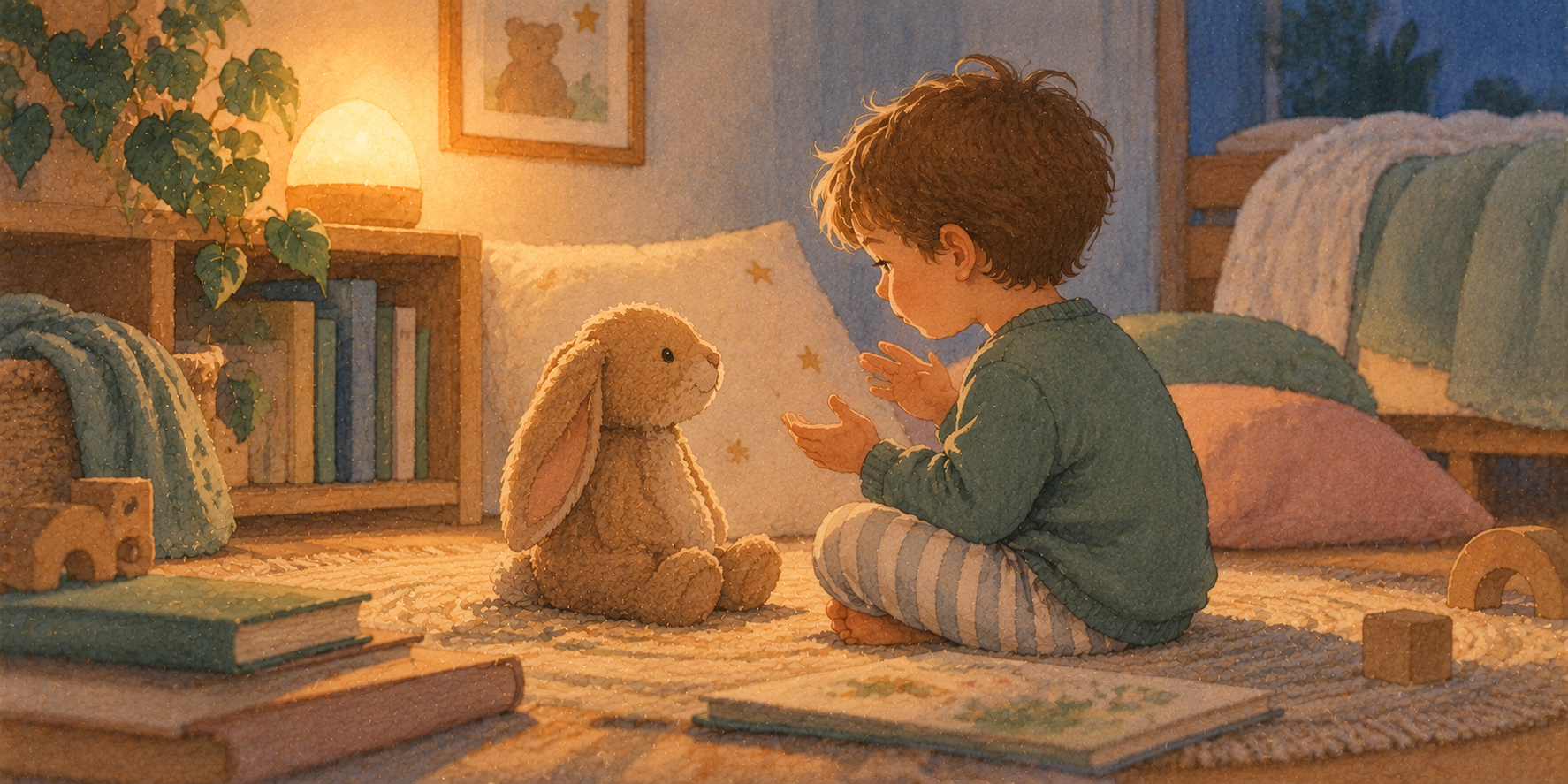 Kind spricht mit seinem Kuscheltier, das für es lebendig ist