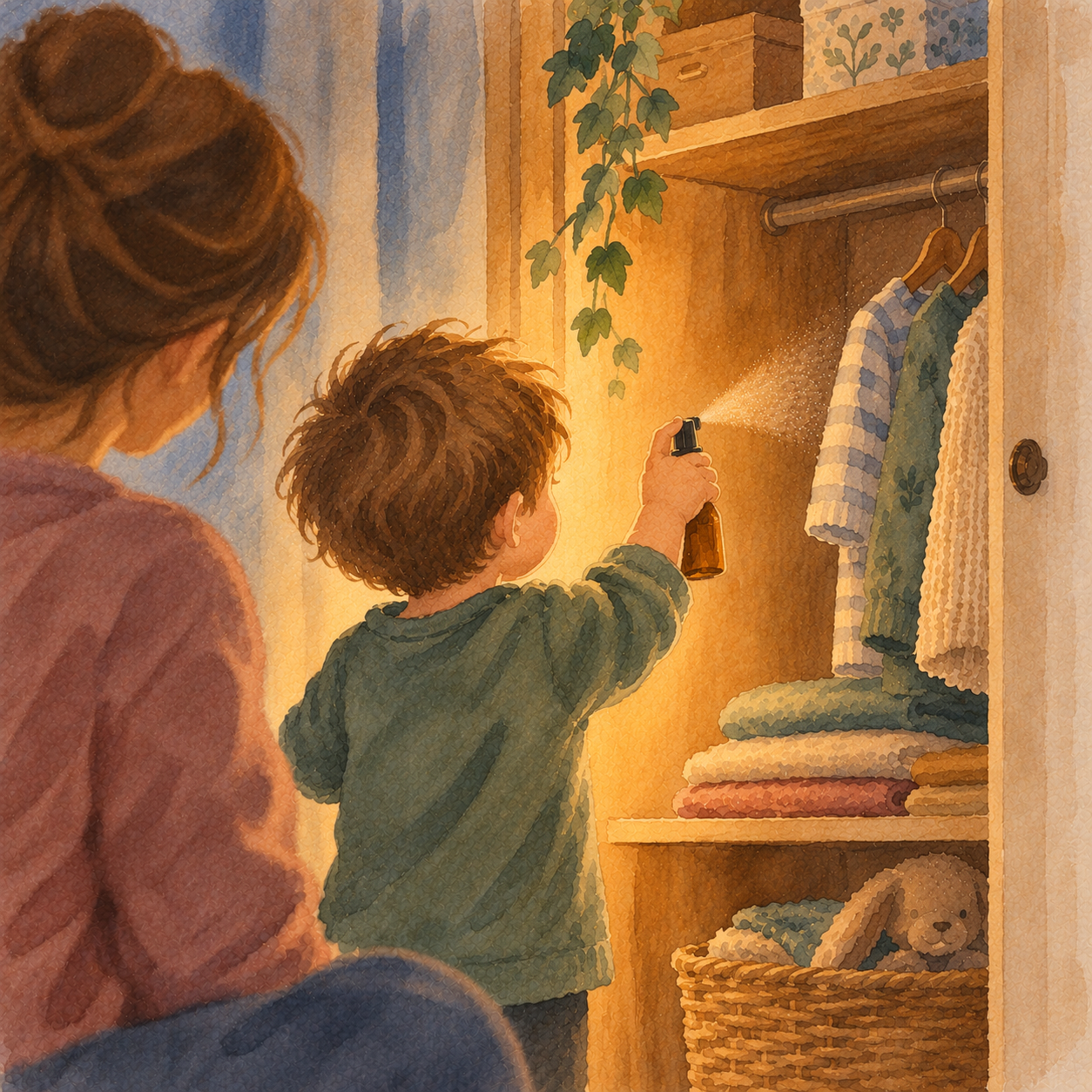 Kind vertreibt mit einem Spray die Fantasiewesen im Kinderzimmer
