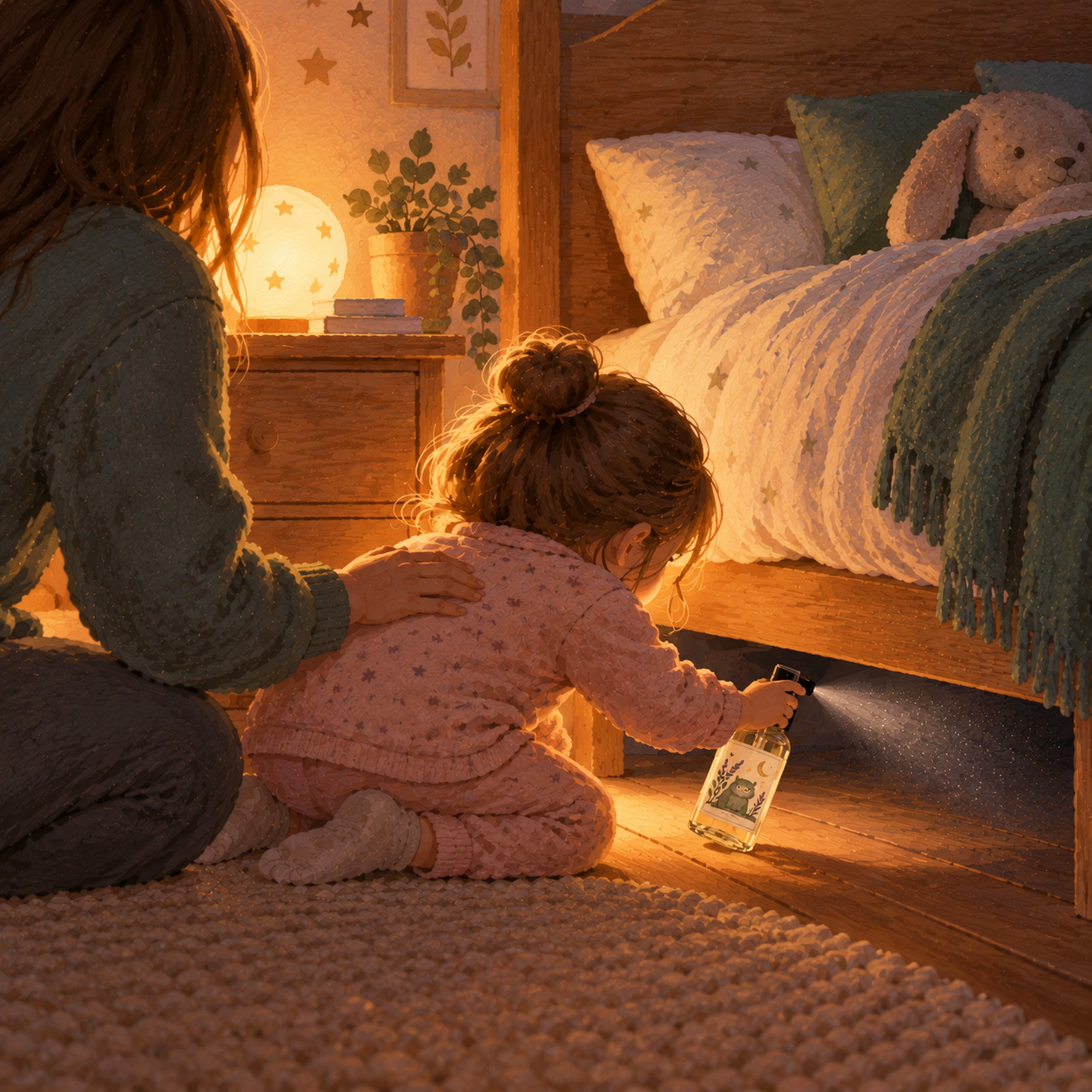 Kind sprüht selbst gemischtes Monsterspray unter das Bett vor dem Schlafengehen