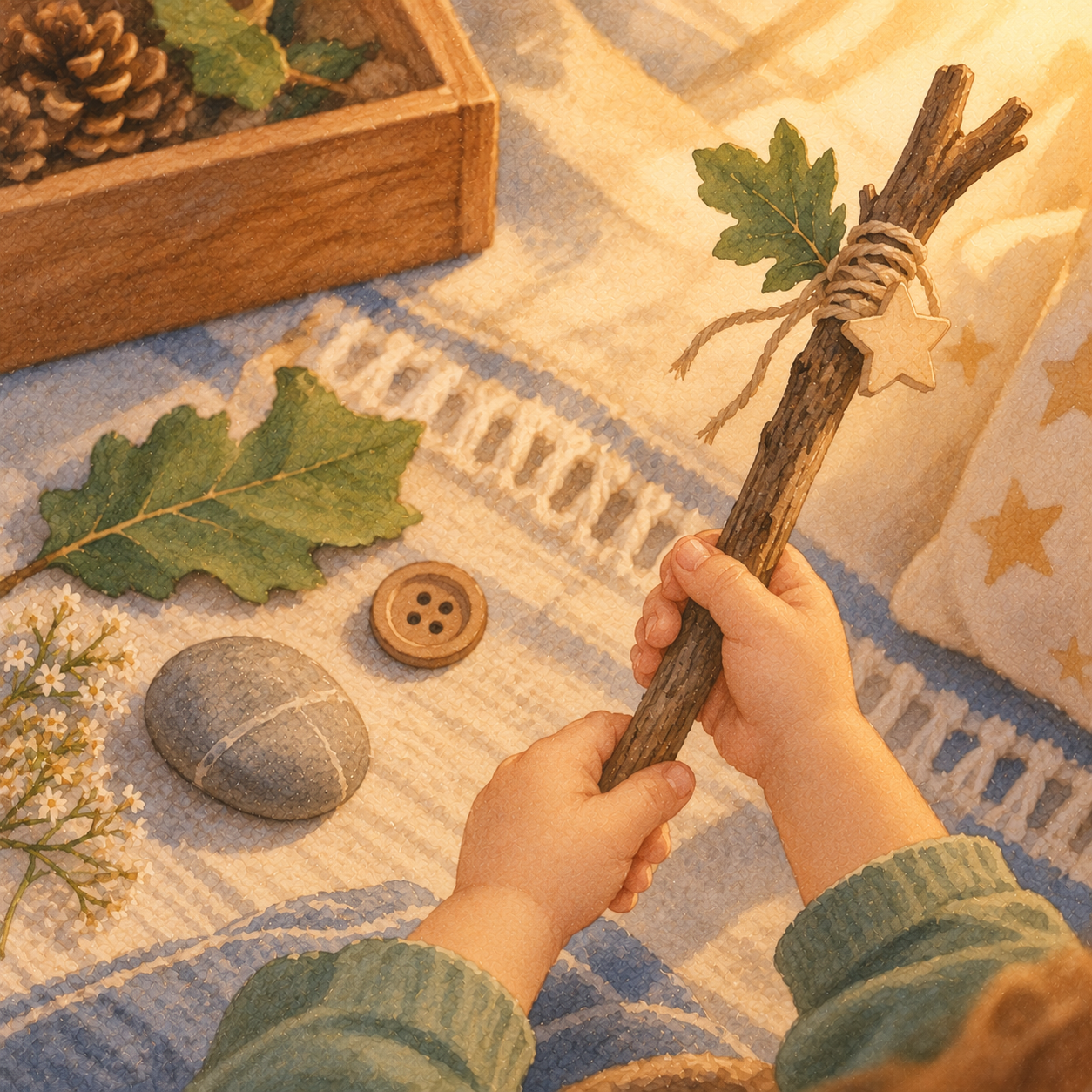 Kinderhände mit einem selbst gebastelten Zauberstab beim Spielen