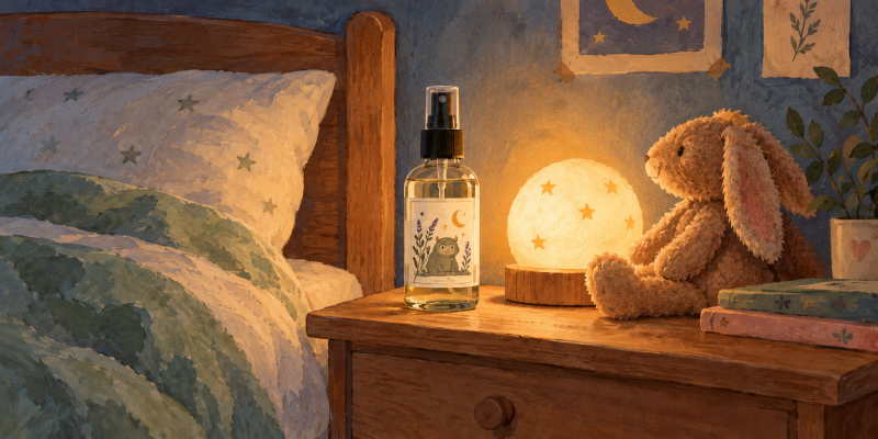 Illustration eines Kinderzimmers am Abend mit Sprühflasche auf dem Nachttisch
