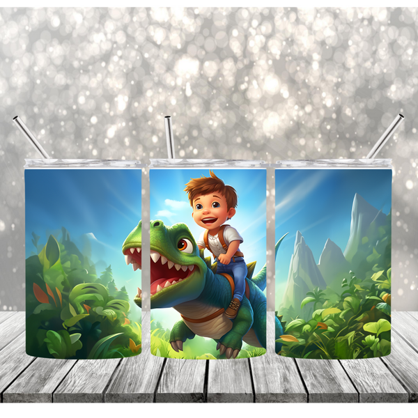 12 oz. | Kids Sippy Tumbler | 2 Lids | Boy riding a dinosaur