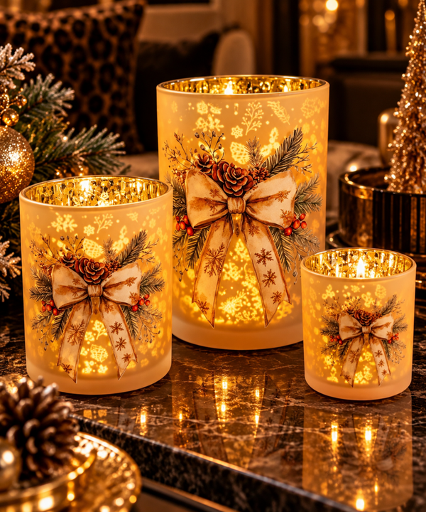 Golden Christmas Bow – Luxe Set van 3 Glazen Kerstwindlichten