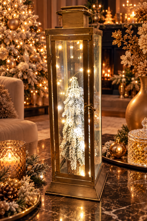 Winter Forest Lantern – Luxe Antiekgouden Kerstlantaarn met Besneeuwde LED Kerstboom