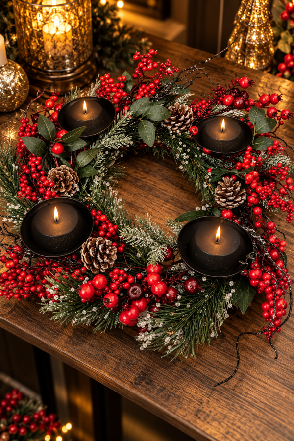 Winterberry Elegance – Luxe Kerstkrans met Vier Kaarsenhouders