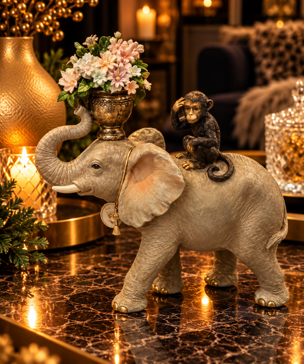 Luxe Decoratie Olifant met Aapje en Bloemen – Exotische Stijl