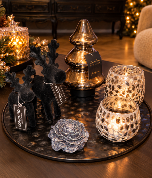 Midnight Elegance – Exclusieve Luxe Kerst Decoratieset met LED & Amberblok