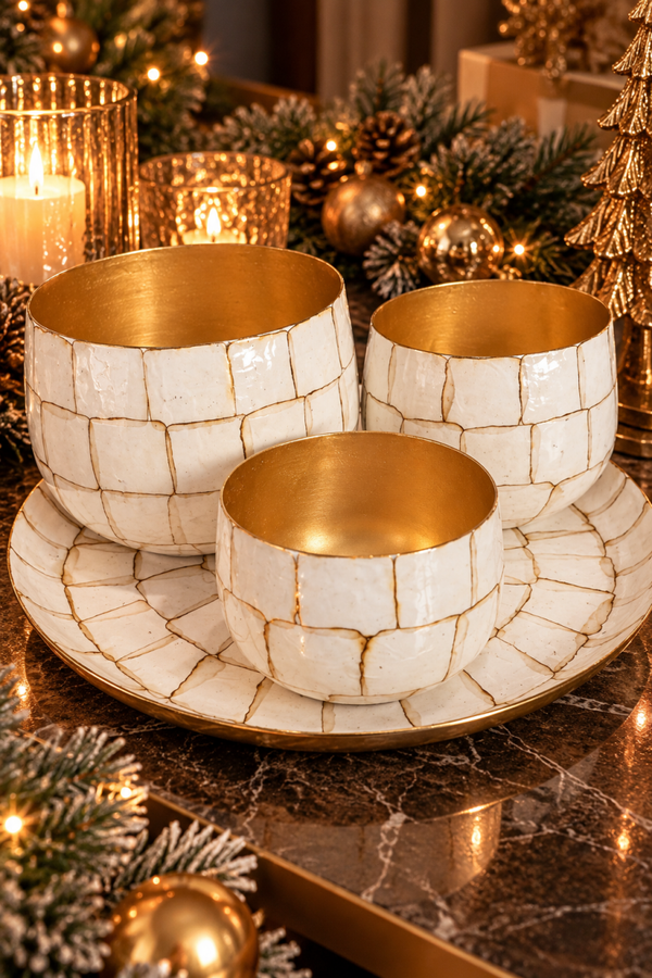 Ivory Gold Elegance – Luxe Decoratieset met 3 Schalen & Plateau