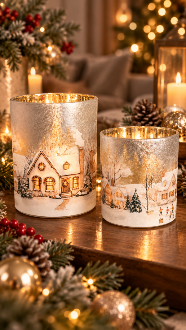 Winter Village Glow – Luxe Set van 2 Glazen Kerstwindlichten