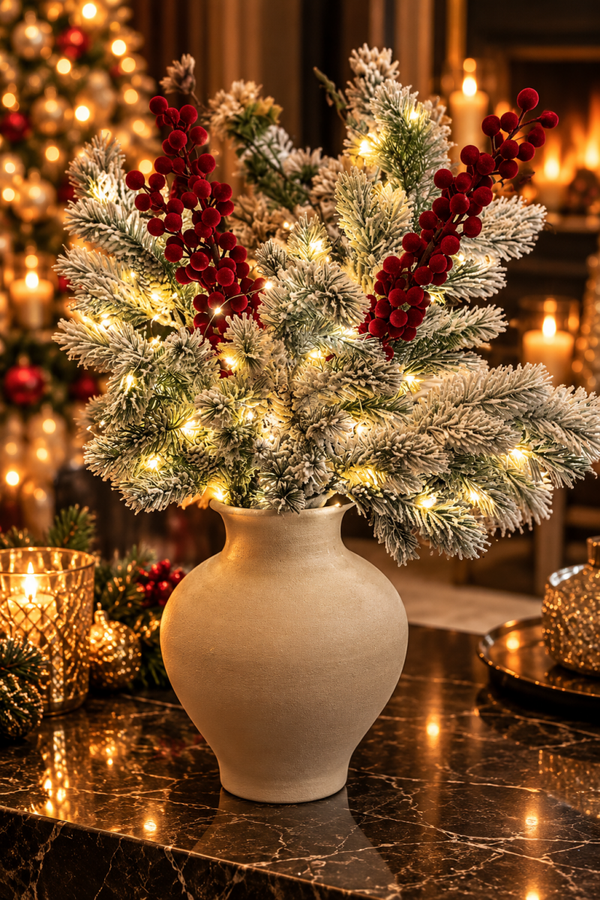 Winter Berry Glow – Luxe Besneeuwd Kerstboeket met LED Verlichting in Champagnekleurige Vaas