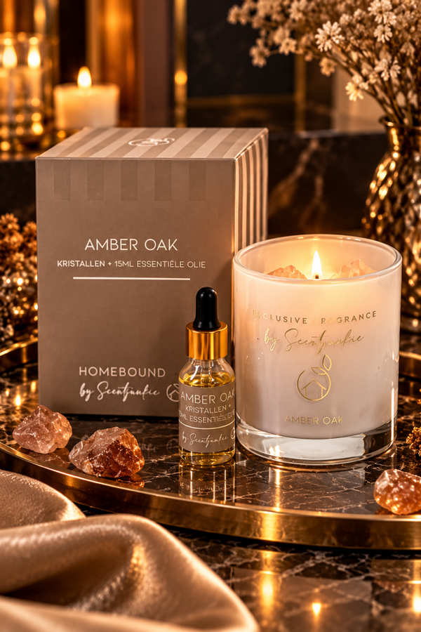 Naam: Amber Oak – Luxe Geurkristallen Set met Essentiële Olie