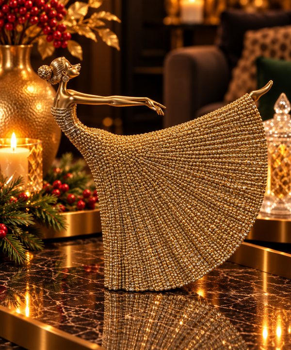 Golden Elegance – Luxe Decoratiebeeld Dansende Dame in Goud