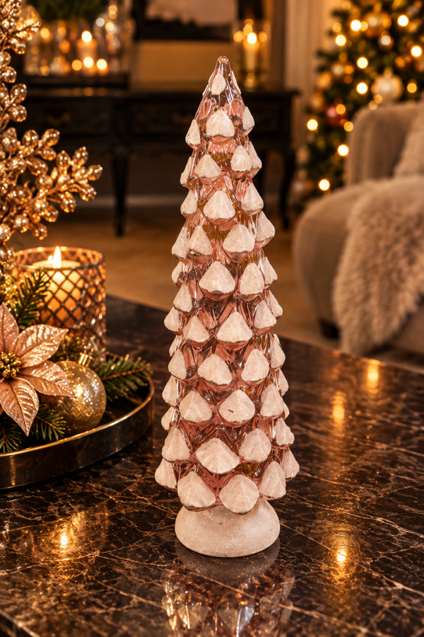 Rose Frost – Luxe Glazen Kerstboom met Sneeuweffect